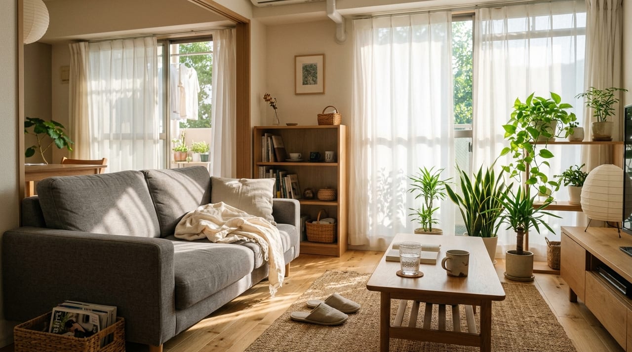 エアコンが効いた部屋でひざ掛けをする女性