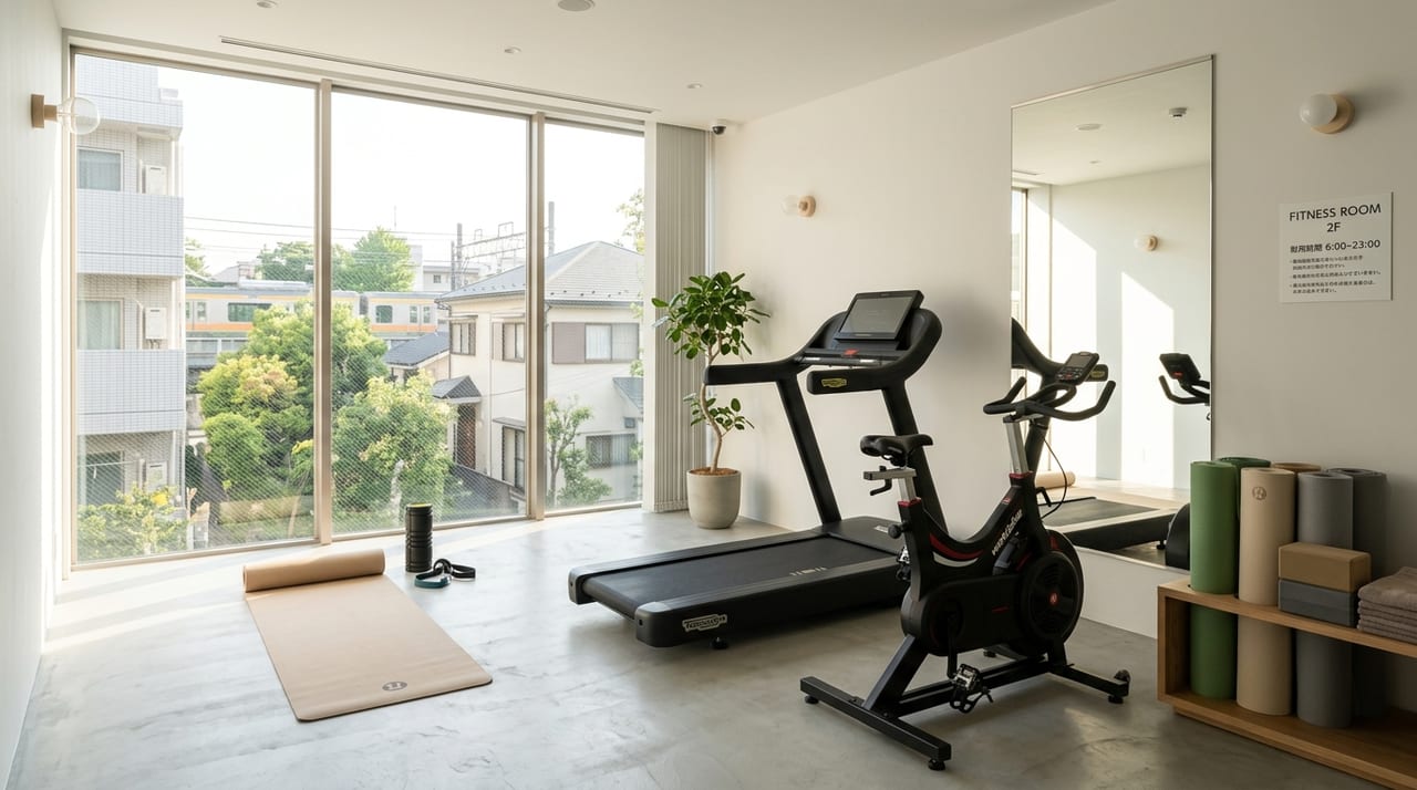 朝日が入るマンション共用フィットネスルーム、トレッドミルとヨガマットが見える