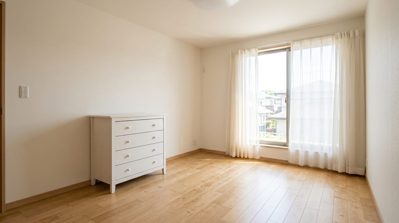 淡い光に照らされた広い洋室。シンプルな内装の子ども部屋候補。